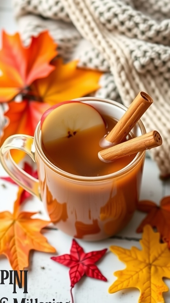 A warm mug of spiced apple cider with apple slice and cinnamon stick, surrounded by autumn leaves.